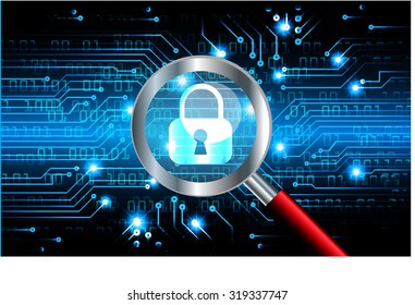 Magnifying Glass scanning and identifying a computer virus. Antivirus protection and computer security concept. PC. vector one zero. scan. technology digital website internet web. lock, key, Padlock