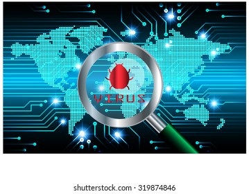 Magnifying Glass scanning and identifying a computer virus. Antivirus protection and computer security concept.