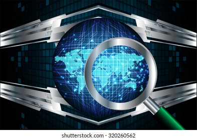 Magnifying Glass scanning and identifying a computer virus. Antivirus protection and computer security concept. PC. 