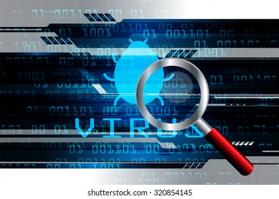 Magnifying Glass scanning and identifying a computer virus. Antivirus protection and computer security concept. PC. vector one zero. scan. technology digital website internet web. lock, key, Padlock