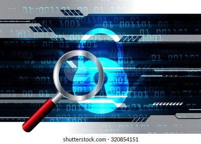 Magnifying Glass scanning and identifying a computer virus. Antivirus protection and computer security concept. PC. vector one zero. scan. technology digital website internet web. lock, key, Padlock