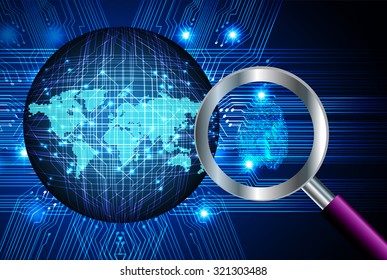 Magnifying Glass scanning and identifying a computer virus. Antivirus protection and computer security concept. PC. one zero. scan. technology digital website internet web. vector