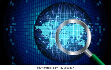 Magnifying Glass scanning and identifying a computer virus. Antivirus protection and computer security concept. PC. vector one zero. scan. technology digital website internet web, World Map, Global