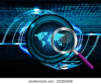 Magnifying Glass scanning and identifying a computer virus. Antivirus protection and computer security concept. PC. vector one zero. scan. technology digital website internet web, World Map, Global