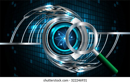 Magnifying Glass scanning and identifying a computer virus. Antivirus protection and computer security concept. PC. vector one zero. scan. technology digital,molecule atom electron neutron nuclear.