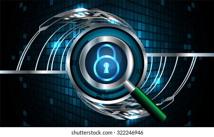 Magnifying Glass scanning and identifying a computer virus. Antivirus protection and computer security concept. PC. one zero. scan. technology digital website internet web. vector. lock, key, Padlock