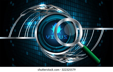 Magnifying Glass scanning and identifying a computer virus. Antivirus protection and computer security concept. PC. vector one zero. scan. technology digital website internet web, World Map, Global