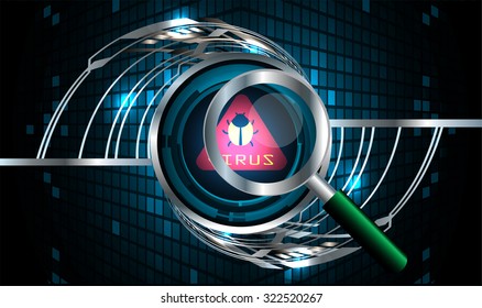 Magnifying Glass scanning and identifying a computer virus. Anti virus protection and computer security concept. PC. vector one zero. scan. technology digital website internet web