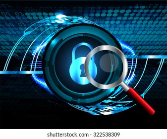 Magnifying Glass scanning and identifying a computer virus. Anti virus protection and computer security concept. PC. vector one zero. scan. technology digital website internet web, lock, key, Padlock