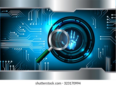 Magnifying Glass scanning and identifying a computer virus. Antivirus protection and computer security concept. PC. vector one zero. technology website internet web. Finger-print scanning hand