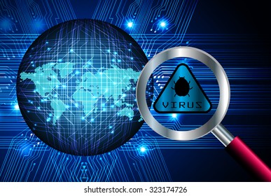 Magnifying Glass scanning and identifying a computer virus. Antivirus protection and computer security concept. PC. vector one zero. scan. technology digital website internet web. World Map, Global
