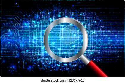 Magnifying Glass scanning and identifying a computer virus. Antivirus protection and computer security concept. PC. vector one zero. technology website internet web. World Map, Global