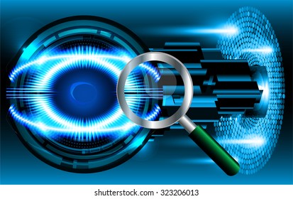 Magnifying Glass scanning and identifying a computer virus. Antivirus protection and computer security concept. PC. vector one zero. scan. technology digital website internet web. vector