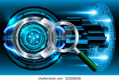 Magnifying Glass scanning and identifying a computer virus. Antivirus protection and computer security concept. PC. vector one zero. scan. technology digital website internet web. vector