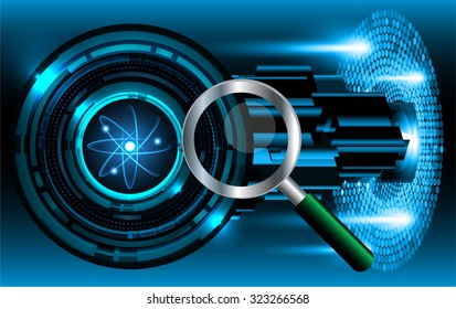 Magnifying Glass scanning and identifying a computer virus. Antivirus protection and computer security concept. PC. vector one zero. scan. technology digital. molecule atom electron neutron nuclear.