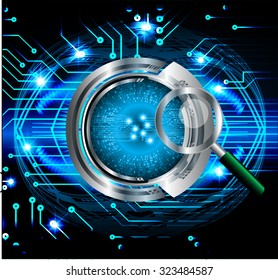 Magnifying Glass scanning and identifying a computer virus. Antivirus protection and computer security concept. PC. vector one zero. scan. technology digital website internet web. vector. eye