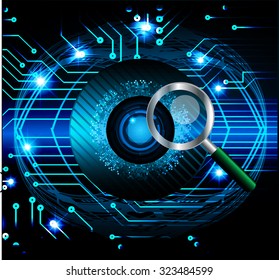 Magnifying Glass scanning and identifying a computer virus. Antivirus protection and computer security concept. PC. vector one zero. scan. technology digital website internet web. vector. eye