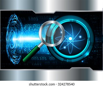 Magnifying Glass scanning and identifying a computer virus. Antivirus protection and computer security concept. PC. vector. scan. technology digital website internet web.atom electron neutron nuclear.