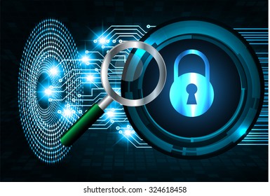 Magnifying Glass scanning and identifying a computer virus. Antivirus protection and computer security concept. PC. vector one zero. scan. technology digital website internet web. lock, key, Padlock