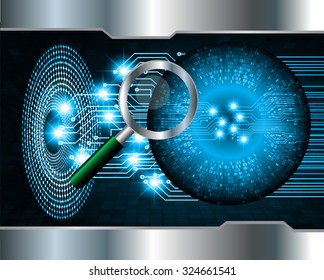 Magnifying Glass scanning and identifying a computer virus. Antivirus protection and computer security concept. PC. vector one zero. scan. technology digital website internet web. eye