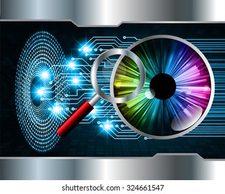 Magnifying Glass scanning and identifying a computer virus. Antivirus protection and computer security concept. PC. vector one zero. scan. technology digital website internet web. eye