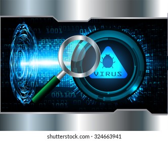 Magnifying Glass scanning and identifying a computer virus. Antivirus protection and computer security concept. PC. vector one zero. scan. technology digital website internet web.