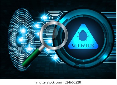 Magnifying Glass scanning and identifying a computer virus. Antivirus protection and computer security concept. PC. vector one zero. scan. technology digital website internet web.