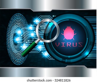 Magnifying Glass scanning and identifying a computer virus. Antivirus protection and computer security concept. PC. vector one zero. scan. technology digital website internet web.