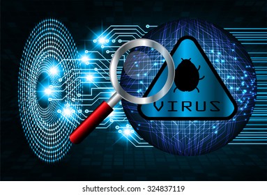 Magnifying Glass scanning and identifying a computer virus. Antivirus protection and computer security concept. PC.one zero.scan. technology digital website internet web. Brainstorm, Brain. Bulb Ideas