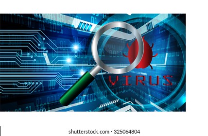 Magnifying Glass scanning and identifying a computer virus. Antivirus protection and computer security concept. PC. vector one zero. scan. technology digital website internet web.