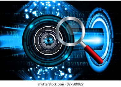 Magnifying Glass scanning and identifying a computer virus. Anti virus protection and computer security concept. PC. one zero. scan. technology digital website internet web. eye