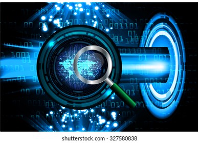 Magnifying Glass scanning and identifying a computer virus. Anti virus protection and computer security concept. PC. one zero. scan. technology digital website internet web. World Map, Global