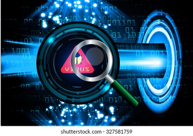 Magnifying Glass scanning and identifying a computer virus. Anti virus protection and computer security concept. PC. one zero. scan. technology digital website internet web. eye