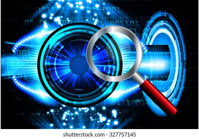 Magnifying Glass scanning and identifying a computer virus. Antivirus protection and computer security concept. PC.one zero.scan.technology digital website internet web.fingerprint. scanning