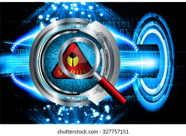 Magnifying Glass scanning and identifying a computer virus. Antivirus protection and computer security concept. PC.one zero.scan.technology digital website internet web.fingerprint. scanning