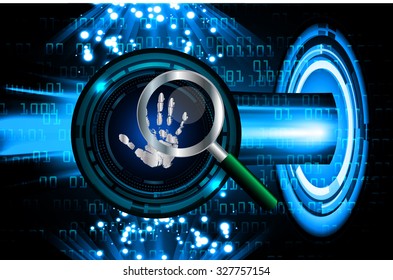 Magnifying Glass scanning and identifying a computer virus. Antivirus protection and computer security concept. PC.one zero.scan.technology digital website internet web.fingerprint. scanning