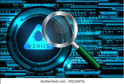 Magnifying Glass scanning and identifying a computer virus. Antivirus protection and computer security concept. PC.one zero.scan.technology digital website internet web.fingerprint. scanning.lock, key