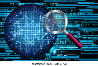 Magnifying Glass scanning and identifying a computer virus. Antivirus protection and computer security concept. PC.one zero.scan.technology digital website internet web.fingerprint. scanning.lock, key