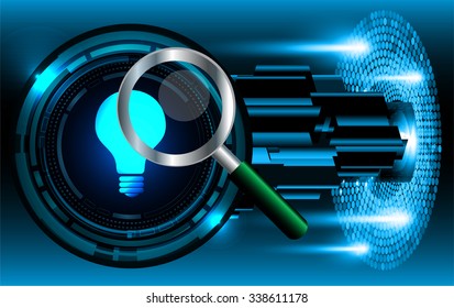 Magnifying Glass scanning and identifying a computer virus. Antivirus protection security concept. PC. vector. scan. technology digital website internet web. Brainstorm, Brain. Bulb Ideas