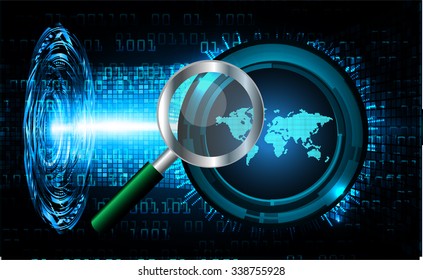 Magnifying Glass scanning and identifying a computer virus. Antivirus protection security concept. PC. vector. scan. technology digital website internet web, World Map, Global