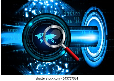 Magnifying Glass scanning and identifying a computer virus. Antivirus protection and computer security concept. PC. vector one zero. scan. technology digital website internet web. World Map, Global