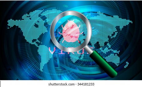 Magnifying Glass scanning and identifying a computer virus. Antivirus protection and computer security concept. PC. vector one zero. scan. technology digital website internet web. lock, key, Padlock