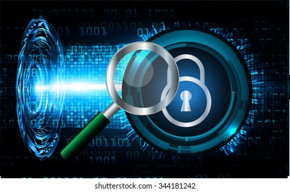 Magnifying Glass scanning and identifying a computer virus. Antivirus protection and computer security concept. PC. vector one zero. scan. technology digital website internet web. lock, key, Padlock