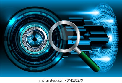 Magnifying Glass scanning and identifying a computer virus. Antivirus protection and computer security concept. PC. vector one zero. scan. technology digital website internet web. eye