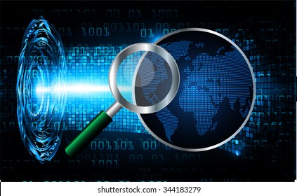 Magnifying Glass scanning and identifying a computer virus. Antivirus protection and computer security concept. PC. vector one zero. scan. technology digital website internet web. World map Global