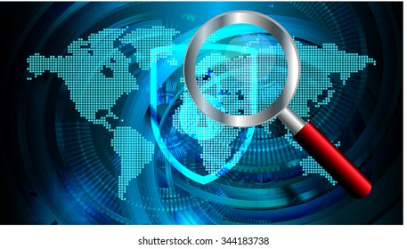 Magnifying Glass scanning and identifying a computer virus. Antivirus protection and computer security concept. PC. vector one zero. scan. technology digital website internet web. World map Global