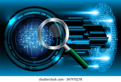 Magnifying Glass scanning and identifying a computer virus. Antivirus protection and computer security concept. PC. vector one zero. scan. technology digital website internet web