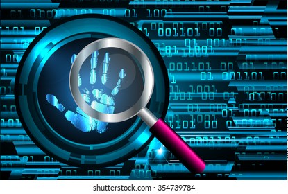 Magnifying Glass scanning and identifying a computer virus. Antivirus protection security concept. PC. vector. scan. technology digital website internet web. scanning. Hand print. vector