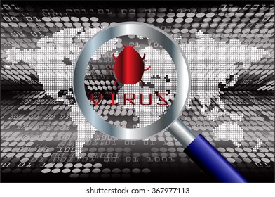 Magnifying Glass scanning and identifying a computer virus. Antivirus protection and computer security concept. PC. vector. scan virus. technology digital website internet web. World Map, Global. key