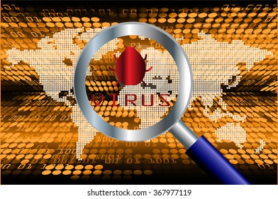 Magnifying Glass scanning and identifying a computer virus. Antivirus protection and computer security concept. PC. vector. scan virus. technology digital website internet web. World Map, Global. key